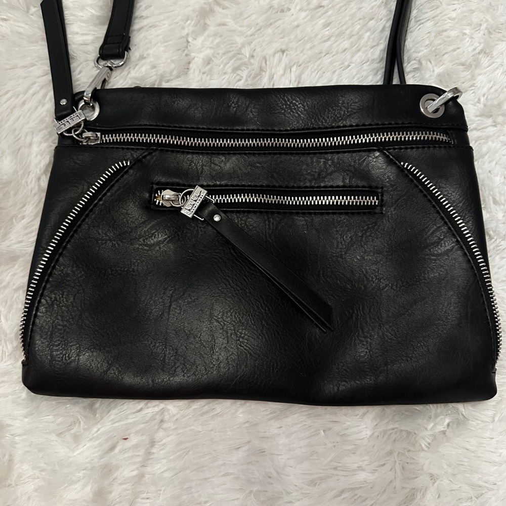 Nicole Miller New York Black Faux Leather‎ Crossbody Bag Silver Zipper Detail - Picture 2 of 8